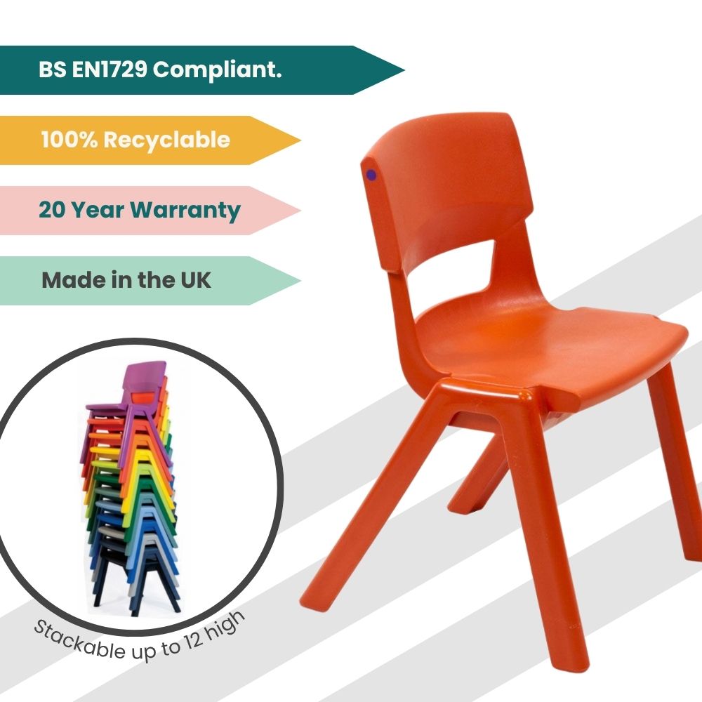 KI Europe’s red chair with promotional tags and a visual of multicoloured chairs stacked vertically for institutional storage.