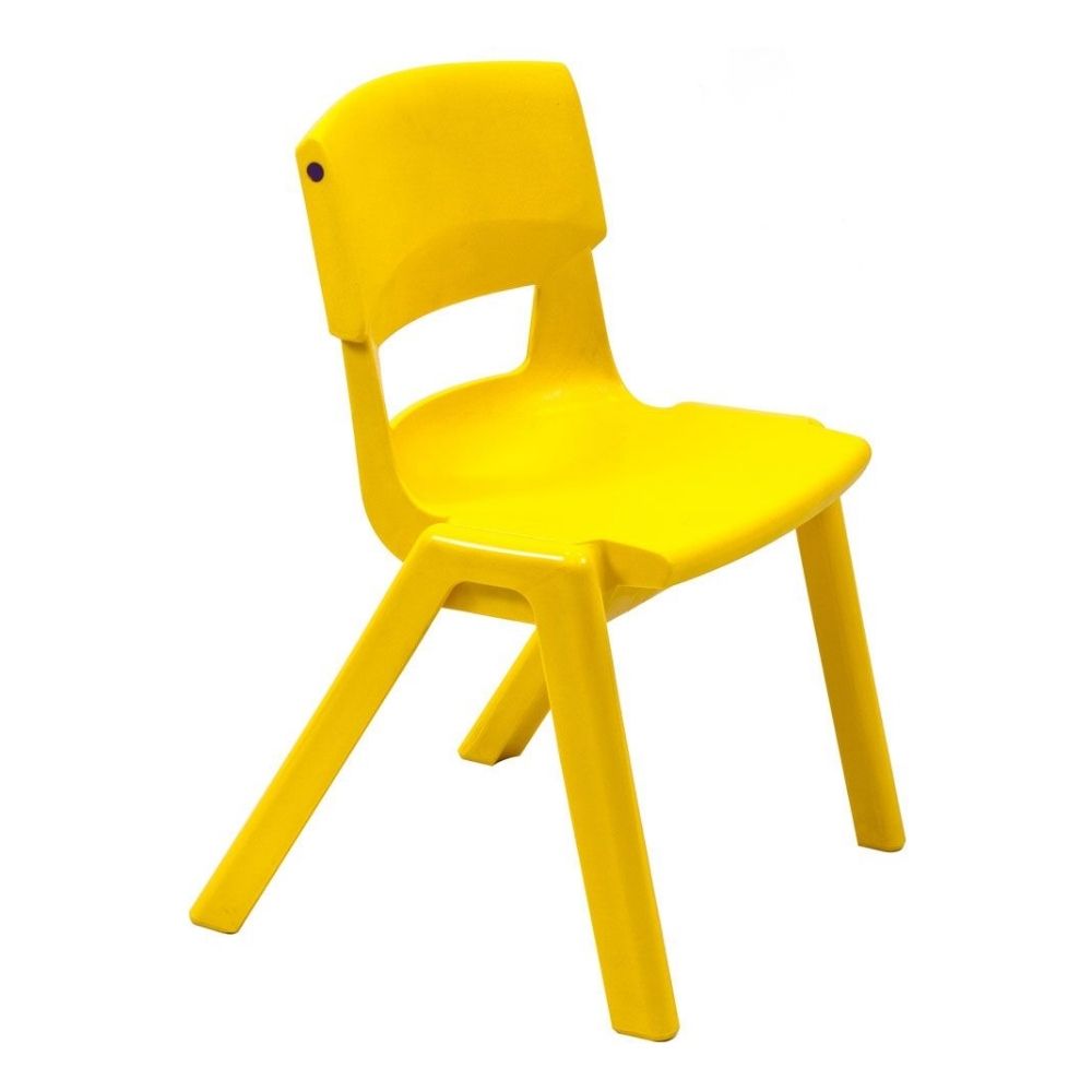 Bright yellow Postura+ chair with a contoured seat and angled legs, crafted for cheerful classroom use and easy stacking.