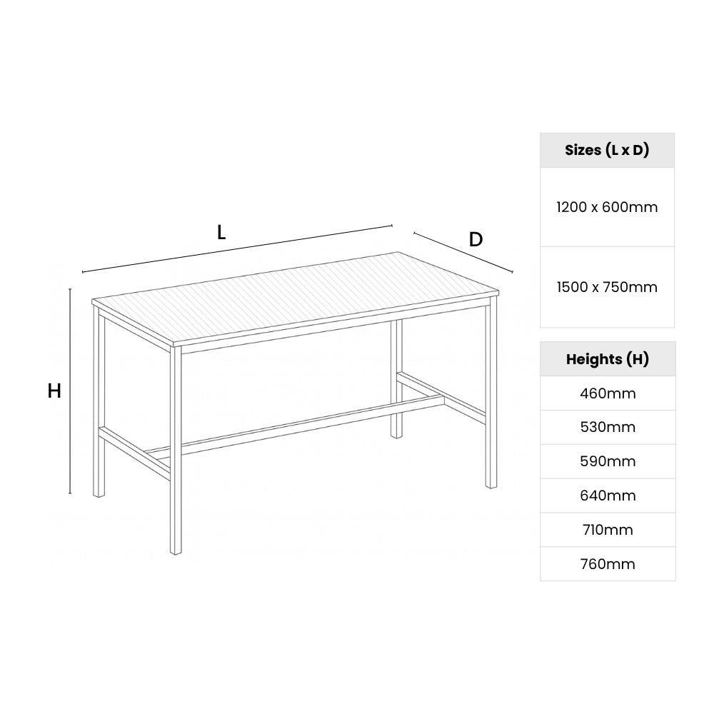 

Technical diagram showing fully welded table dimensions with available sizes and height options for classroom or lab use.
