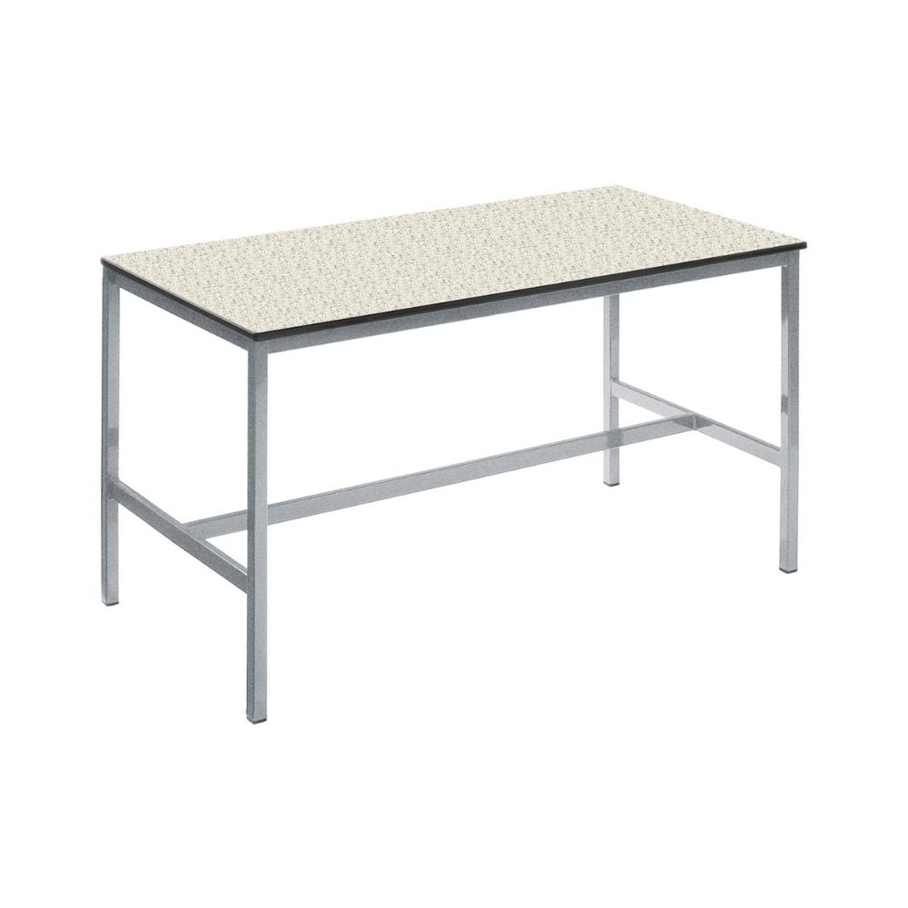 
Rectangular lab-style table with speckled surface and crushed bent metal legs, built for educational or industrial use.
