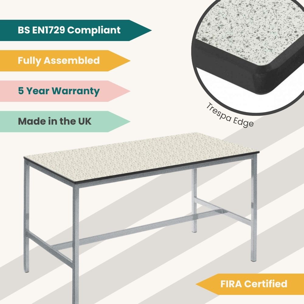 
Promotional graphic of lab table with Trespa edge and tags for BS EN1729 compliance, UK manufacture, 5-year warranty, full assembly, and FIRA certification.
