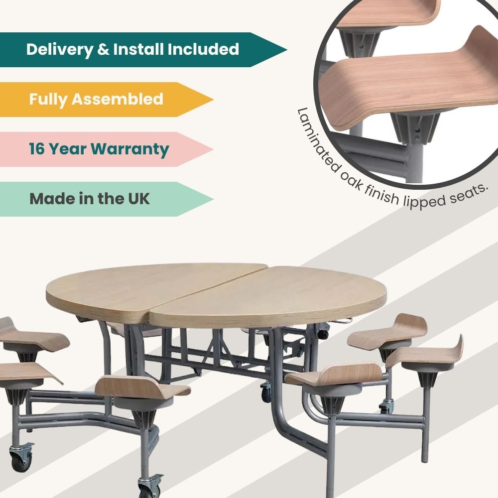 UK-made school canteen table with laminated oak finish lipped seats, folding mechanism, and 16-year warranty included with delivery and installation.