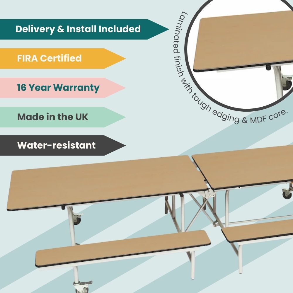 Laminated oak finish canteen bench unit with water-resistant MDF core, FIRA certified, 16-year warranty, delivery and install included, made in the UK.