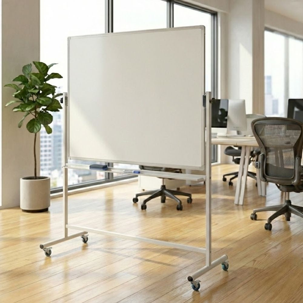 A premium 1800 x 1200mm landscape revolving magnetic whiteboard on lockable castors, positioned in a contemporary office with wooden flooring, ergonomic chairs, and large city-facing windows.