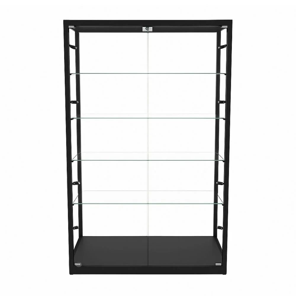 Black glass display cabinet with tempered glass panels, LED lighting, and fire safety certification.