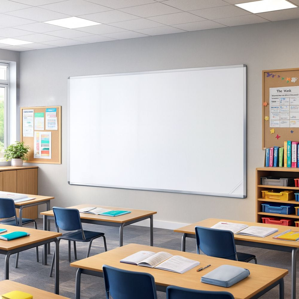 Large classroom whiteboard mounted on the front wall, paired with bulletin boards and student desks.
