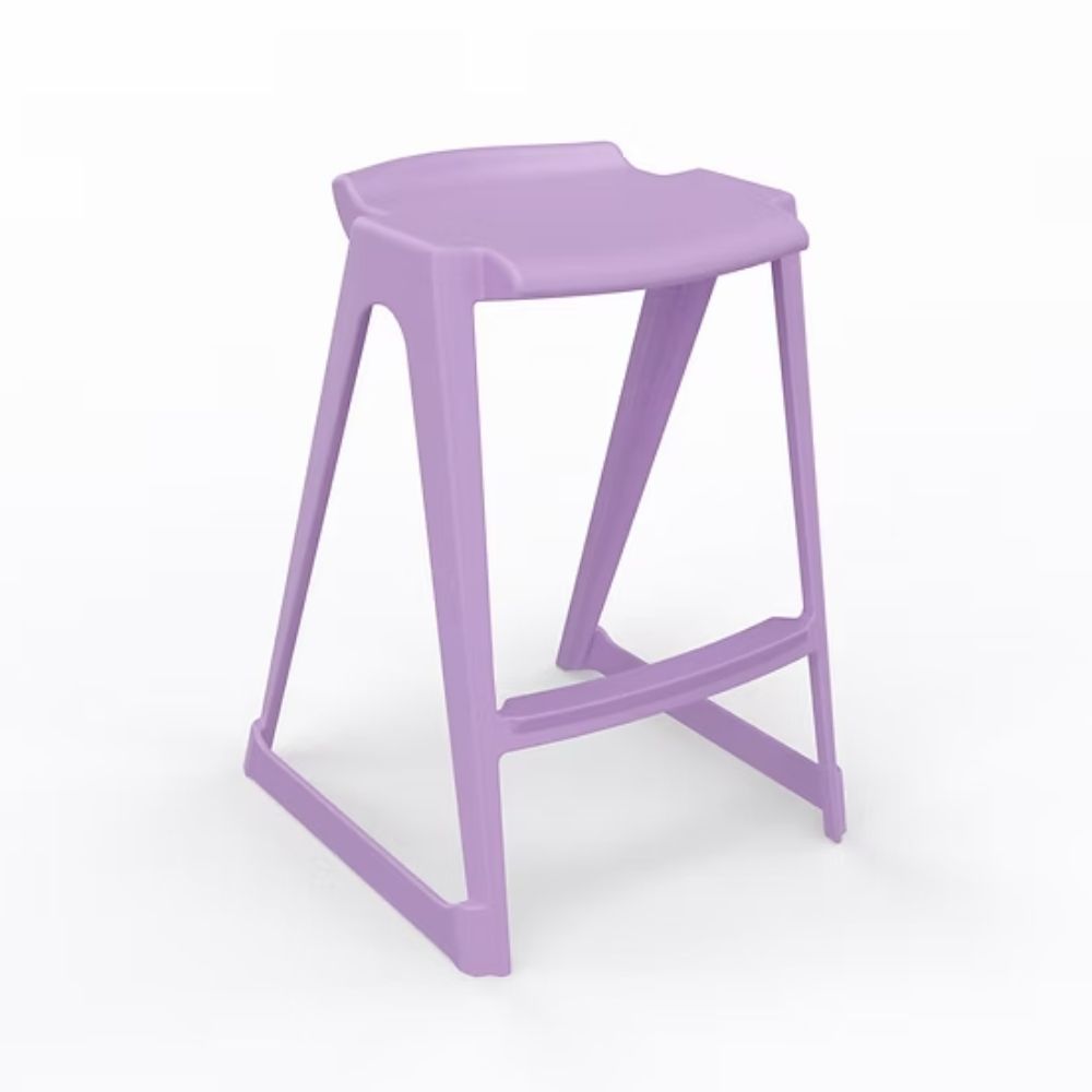 A durable lavender-toned polymer low back stool with a 610mm seat height, featuring safety-angled footing and a compact ergonomic frame for specialized school laboratories.