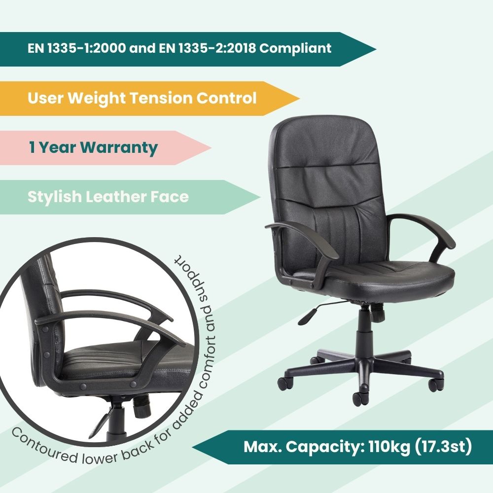 Promotional graphic of black office chair with stylish leather face, contoured lower back, and user weight tension control. EN 1335 compliant with 110kg capacity and 1-year warranty, ideal for executive and contract-grade seating.