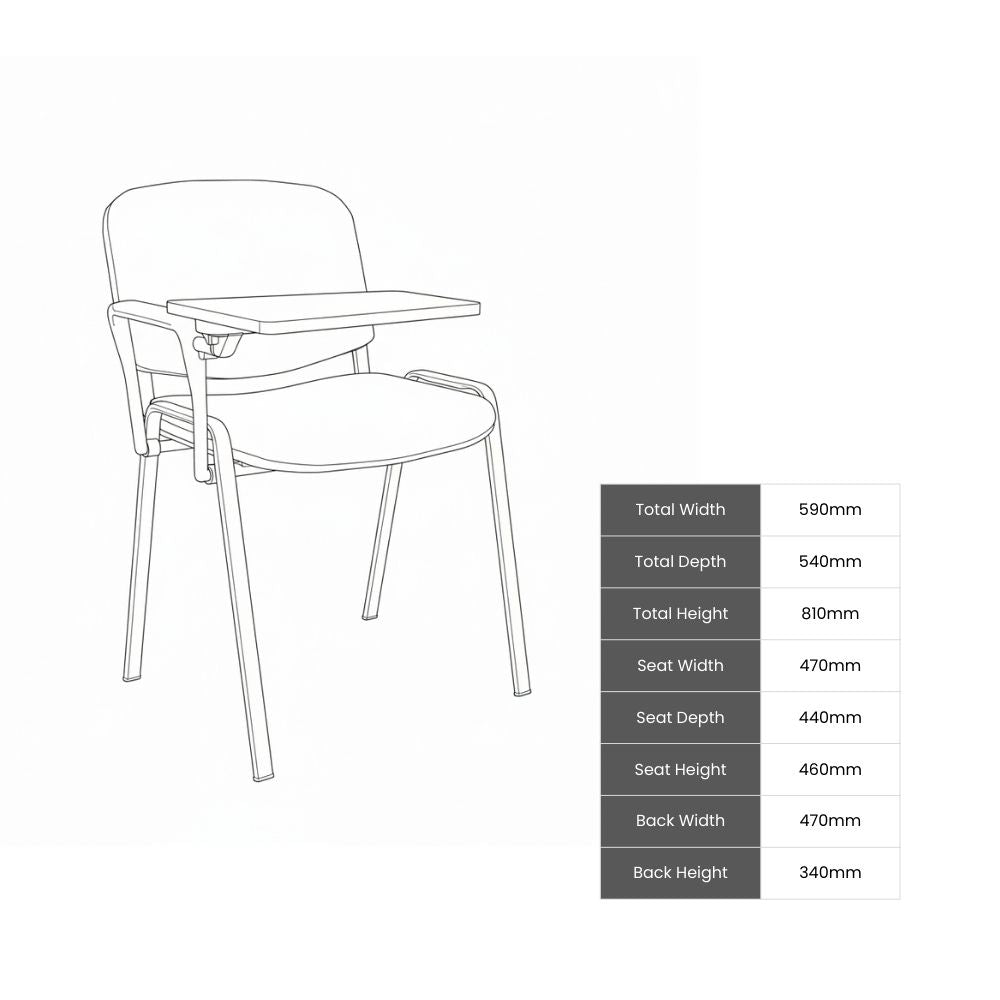 Stackable black lecture chair with foldable writing surface, plastic feet for floor protection and EN 16139 compliant construction for high use learning spaces