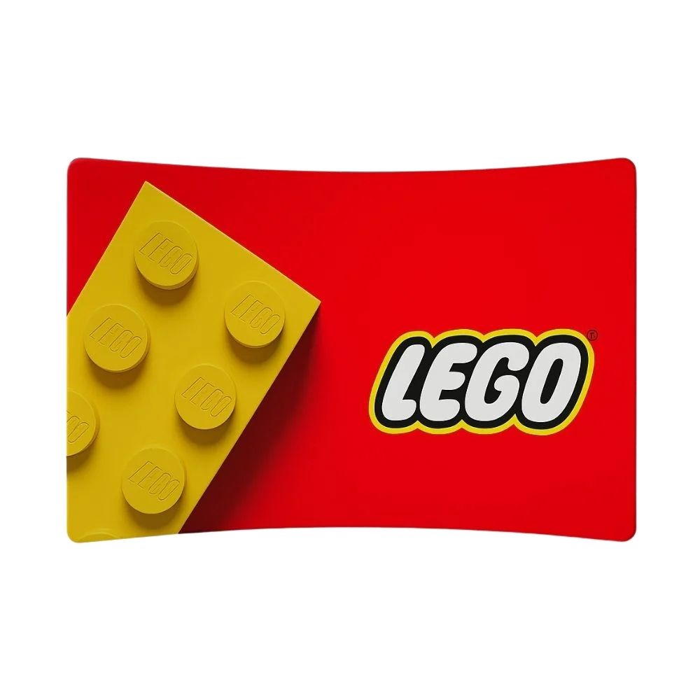 LEGO promotional backdrop with large yellow brick and logo on red background, ideal for retail branding or event signage.