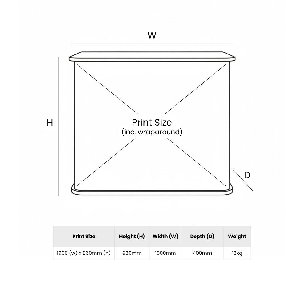 Technical diagram of LEGO promotional counter showing height, width, depth, and wraparound print area for branded event setup.