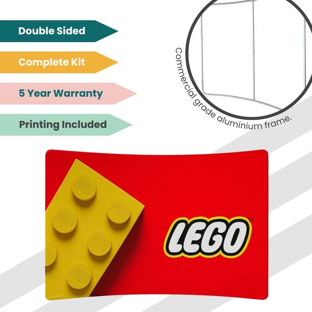 LEGO branded backdrop with yellow brick and logo, featuring commercial-grade aluminium frame, double-sided printing, and 5-year warranty.