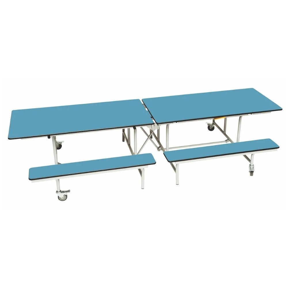 Light blue 3-in-1 canteen bench unit with folding benches and wheeled frame.