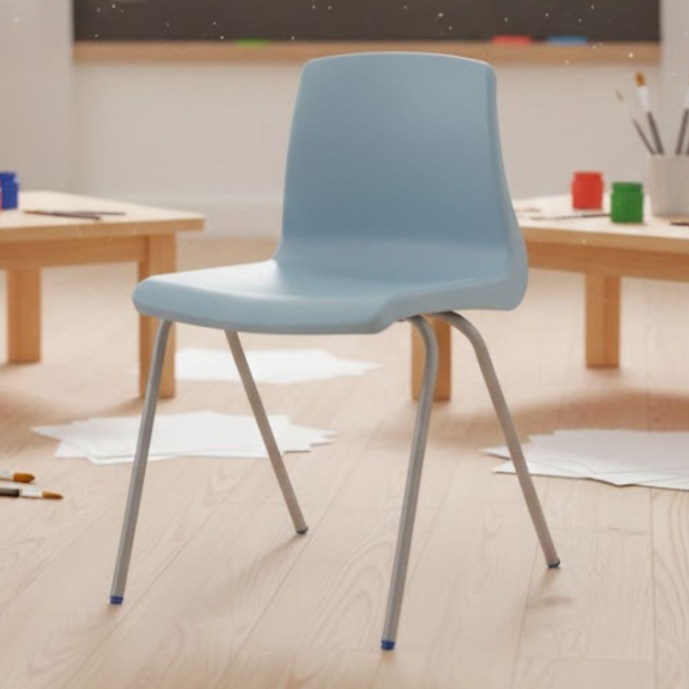 Light blue plastic chair with metal legs and curved seat, suitable for art rooms and creative spaces.