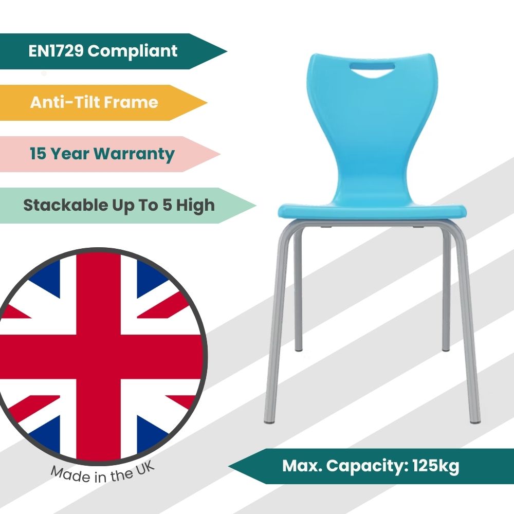 Light blue educational seating with a stress-tested polypropylene shell and anti-scratch floor protectors, designed for long-term school laboratory or ICT use.