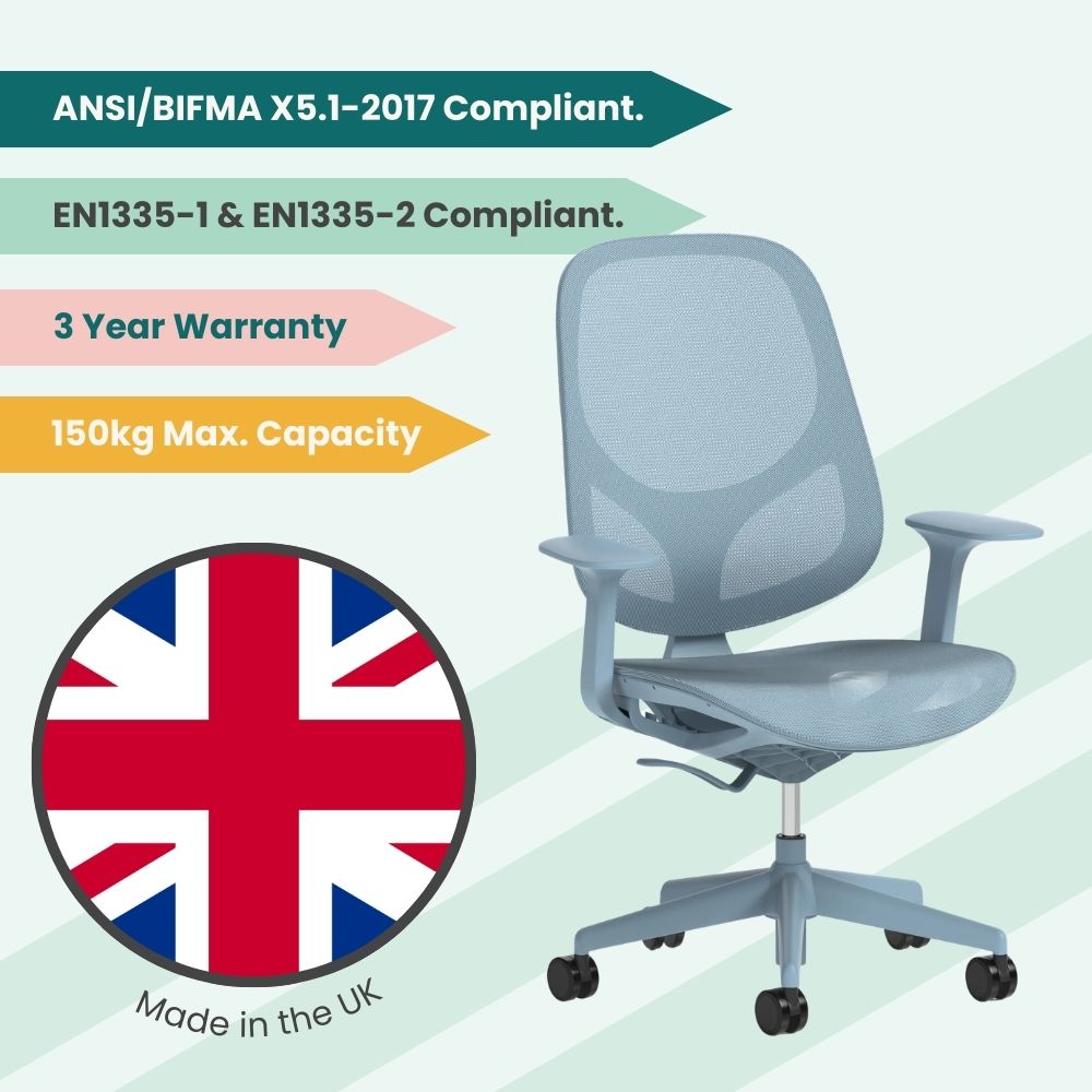 Light blue mesh ergonomic office chair made in the UK, featuring adjustable armrests, 150kg maximum capacity, three year warranty and EN1335 and ANSI BIFMA compliant design for professional office environments.
