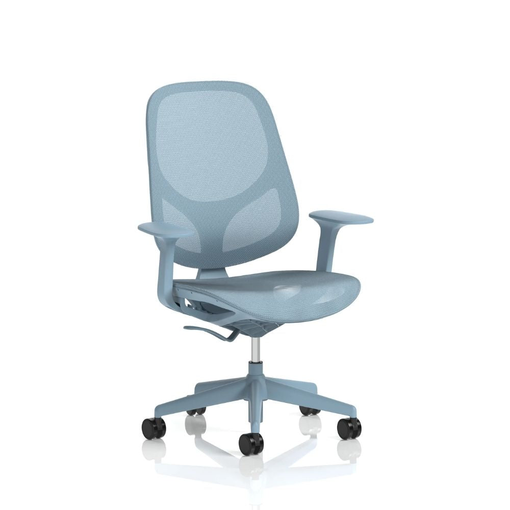 Light blue mesh ergonomic office chair with breathable backrest, adjustable armrests and five star swivel base with castors, suitable for contemporary office workspaces.