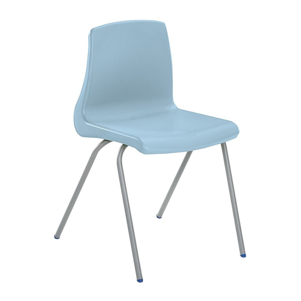 Light blue plastic chair with silver metal legs and blue foot caps, designed for stacking in educational settings.