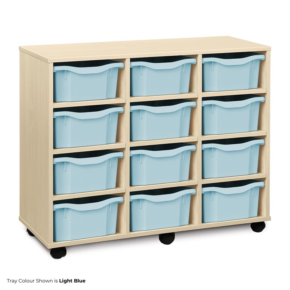 Light wood school storage cabinet fitted with three columns of spacious light blue trays, each double in height, ideal for classroom organisation and mounted on castor wheels.