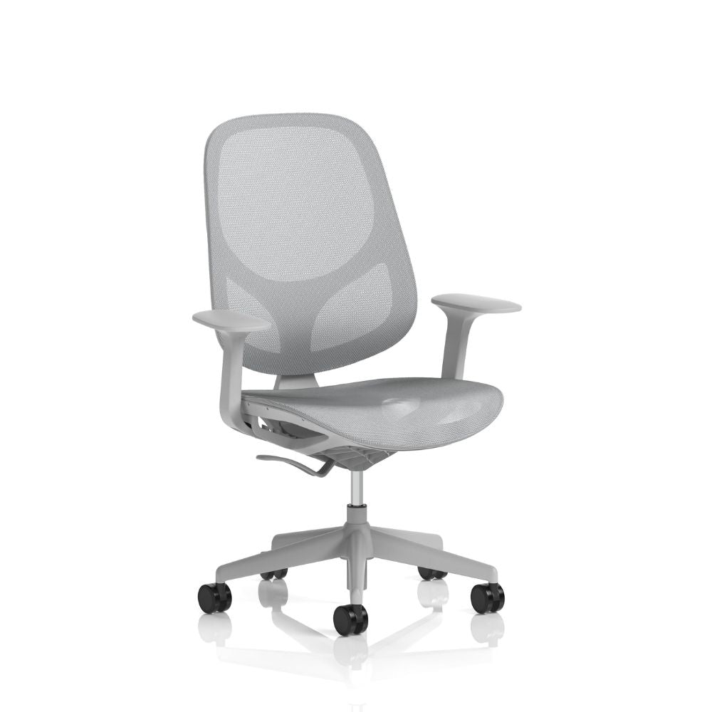 Light grey ergonomic mesh office chair with breathable backrest, contoured seat, adjustable armrests and five star swivel base with castors, suitable for modern office workspaces.