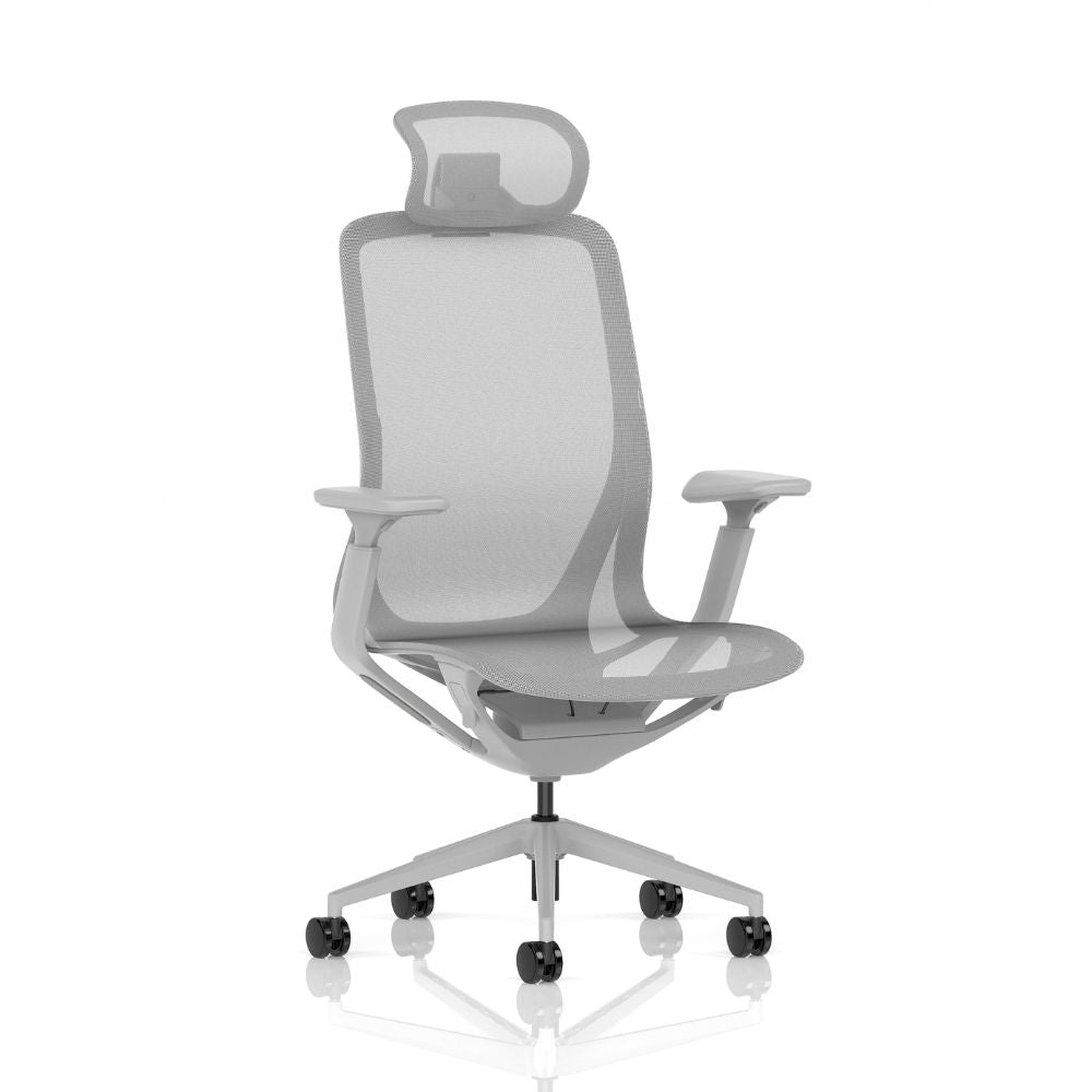 Light grey high-back ergonomic mesh office chair featuring a matching mesh headrest, adjustable armrests, and a five-wheel swivel base, displayed against a white background.