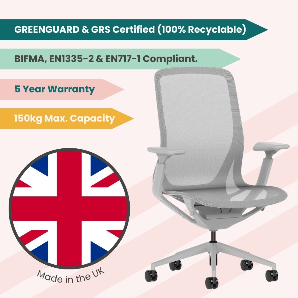 Light grey mesh ergonomic office chair made in the UK, featuring adjustable armrests, 150kg maximum capacity, five year warranty and EN1335 compliant design for professional office environments.