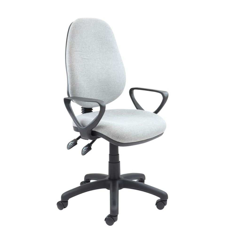 Light grey fabric operator office chair with supportive backrest and seat, black armrests, twin lever mechanism and height-adjustable five-star base with castor wheels on a white background.