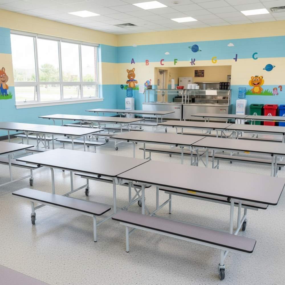 Light grey folding canteen tables with built-in benches on wheels, placed in a bright and cheerful primary school cafeteria featuring alphabet wall art, cartoon animals, and recycling stations.