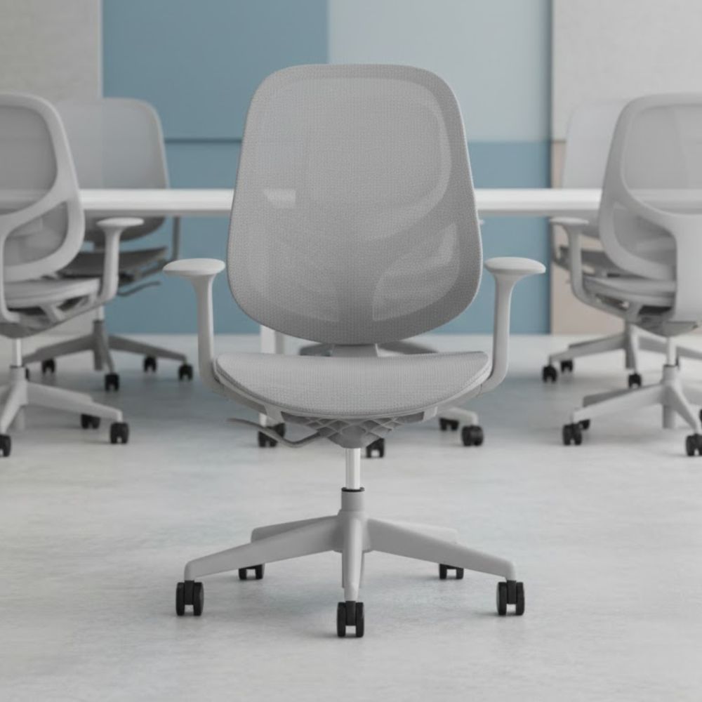 Light grey mesh office chair with breathable backrest, cushioned seat, adjustable armrests and five star swivel base with castors, displayed in a modern meeting room with matching chairs an