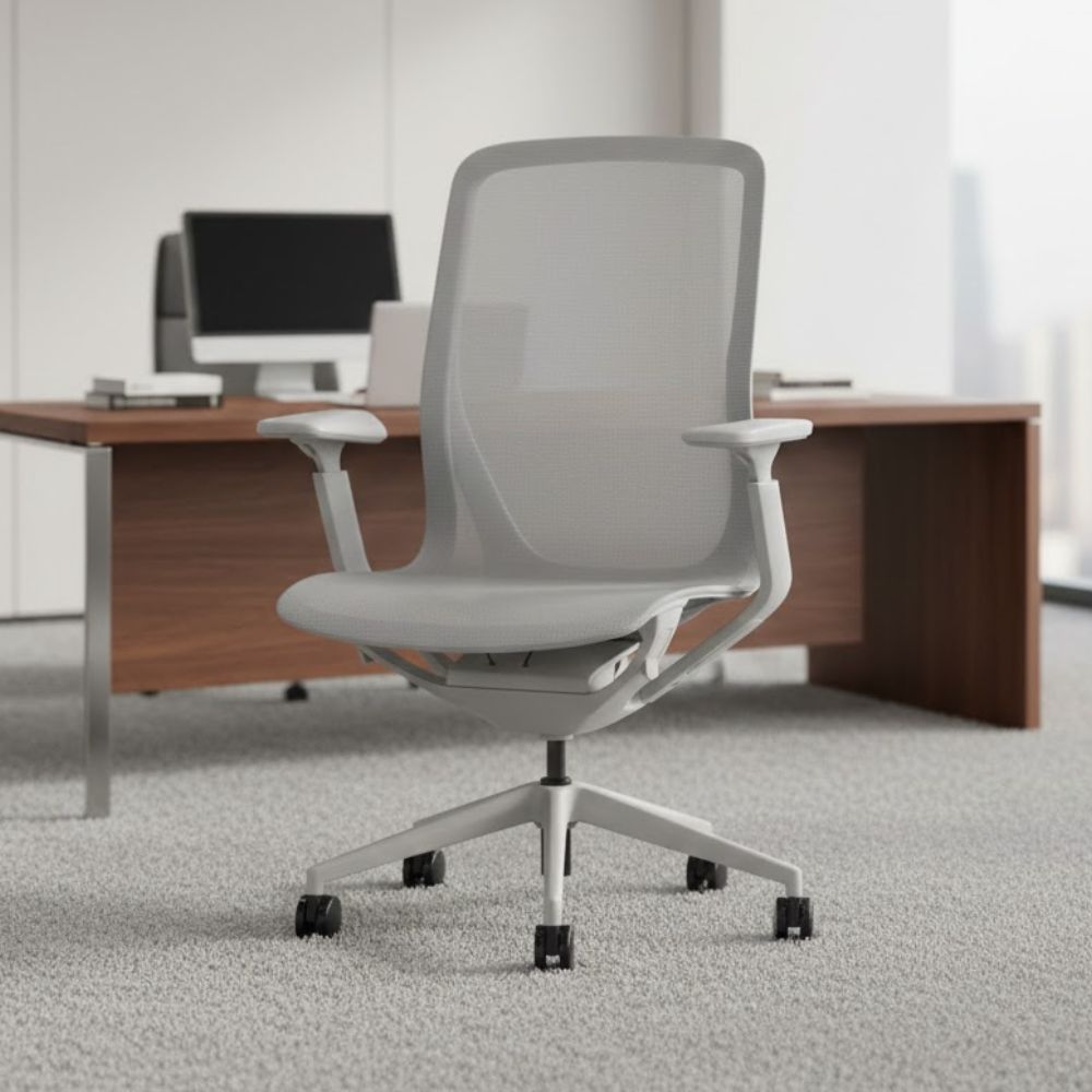 Light grey ergonomic mesh office chair with breathable backrest, padded seat, adjustable armrests and five star swivel base with castors, positioned in a contemporary executive office with wooden desk and computer monitor.
