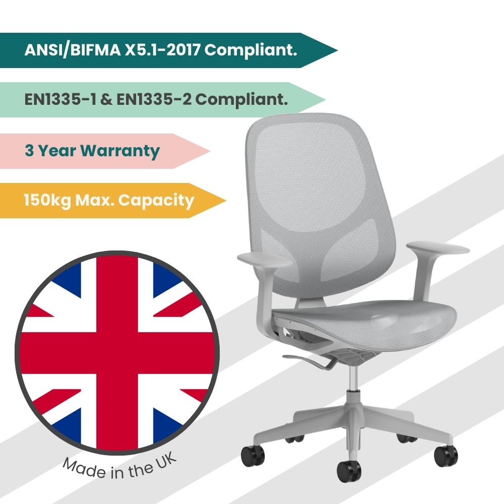 Light grey mesh ergonomic office chair with breathable backrest, adjustable armrests and five star swivel base with castors, made in the UK and compliant with ANSI BIFMA X5.1 and EN1335 standards, supporting up to 150kg with a three year warranty.