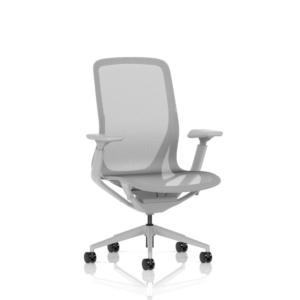 Light grey ergonomic office chair with breathable mesh backrest, adjustable armrests and five star swivel base with castors, ideal for contemporary office workspaces.