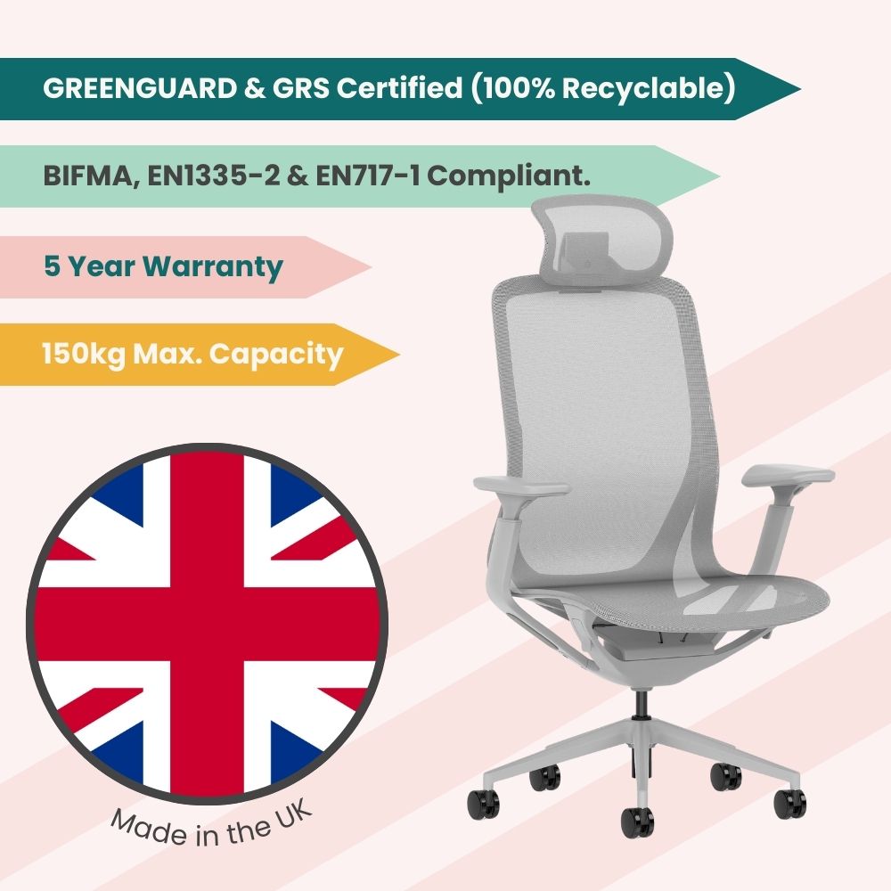 Light grey ergonomic mesh office chair with headrest and adjustable arms, shown with UK flag and key certifications including GREENGUARD, GRS, BIFMA, EN1335-2, and EN717-1 compliance, 150kg max capacity, and 5-year warranty.