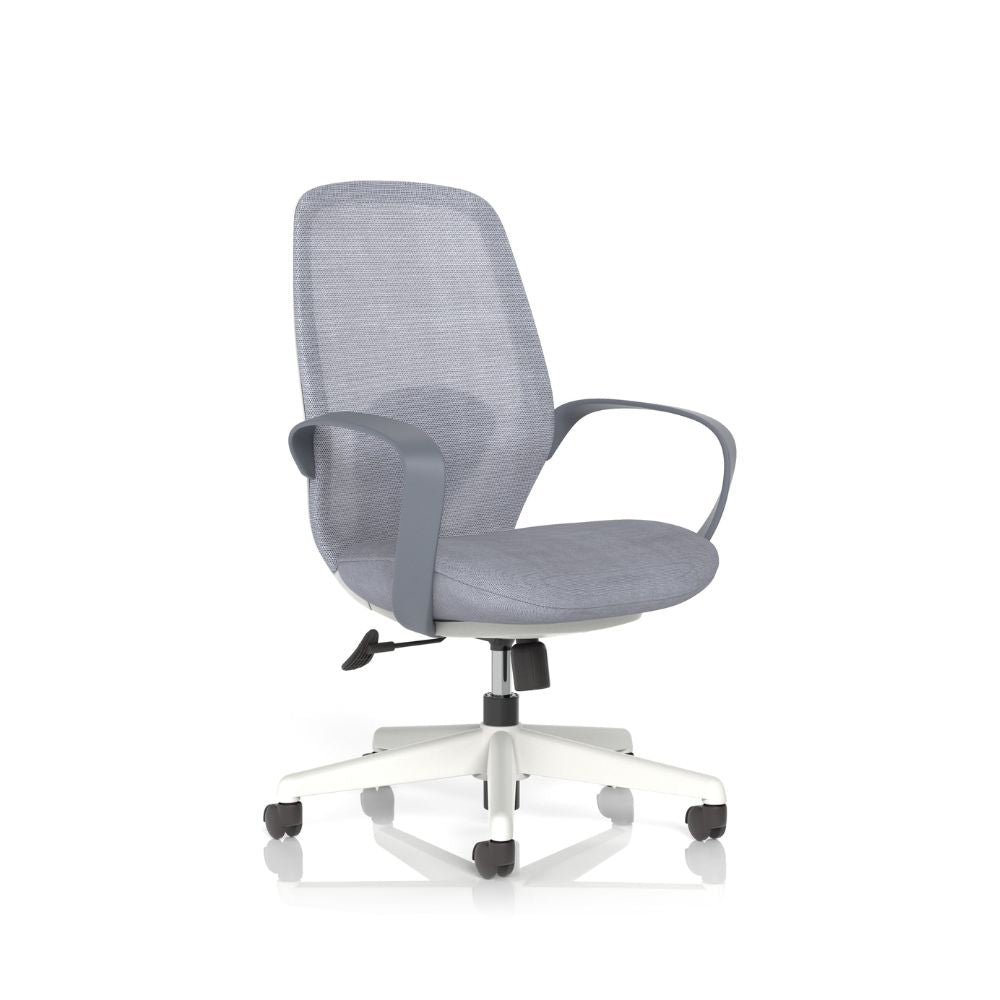 Light grey mesh office chair with padded seat, curved armrests and white five-star wheeled base isolated on a white background.