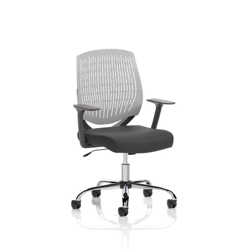 Light grey modern office chair with ventilated slatted backrest, padded seat, armrests and chrome five-star wheeled base isolated on a white background.