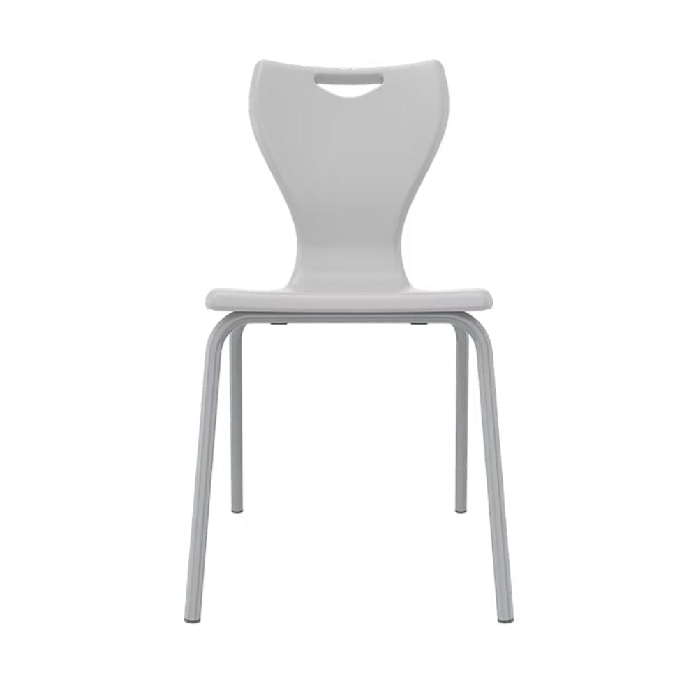 Commercial-grade light grey classroom chair with a one-piece molded seat and anti-tilt leg architecture, ideal for modern secondary school environments.