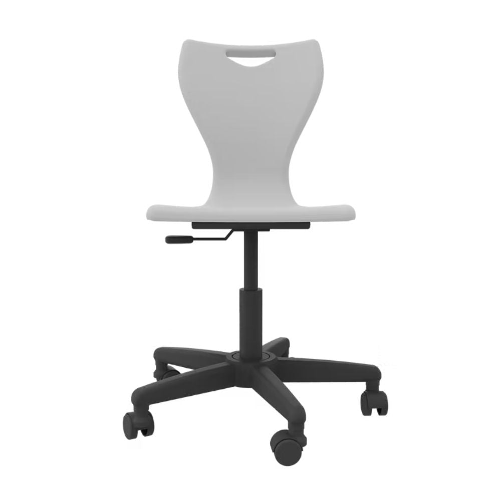 A modern light grey student swivel chair featuring a pneumatic lift for seat height adjustment and a five-star castor base for mobility in school computer labs.