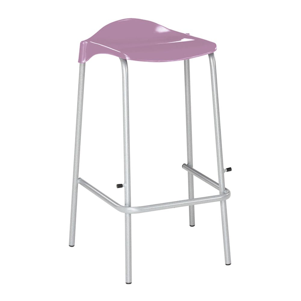 
Lilac purple bar stool with glossy curved seat and silver legs, designed for contemporary cafes or kitchens.
