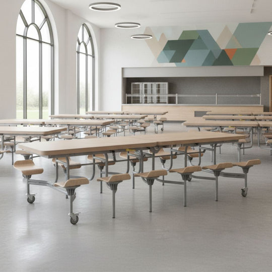 12 Seat Rectangular Foldable Oak Canteen Table with Lipped Oak Seats - 11+ Years