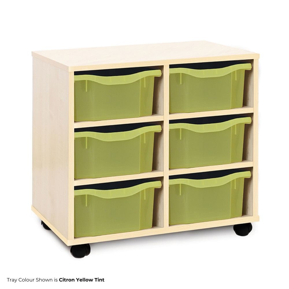 Light wood mobile tray unit containing six translucent citron yellow tint trays in a 2x3 configuration, suitable for schools or nurseries.