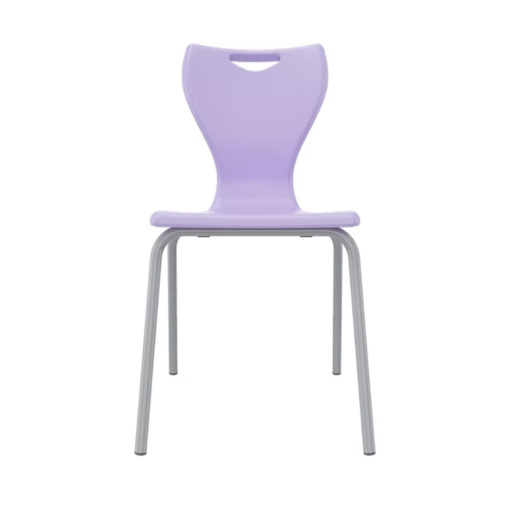 A lilac purple educational chair featuring contoured geometry for back support and a reinforced grey underframe to eliminate backward tilting.