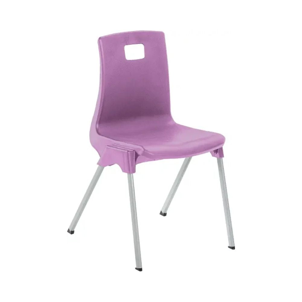 Lilac purple plastic chair with silver legs and cutout backrest, designed for stacking and educational environments.