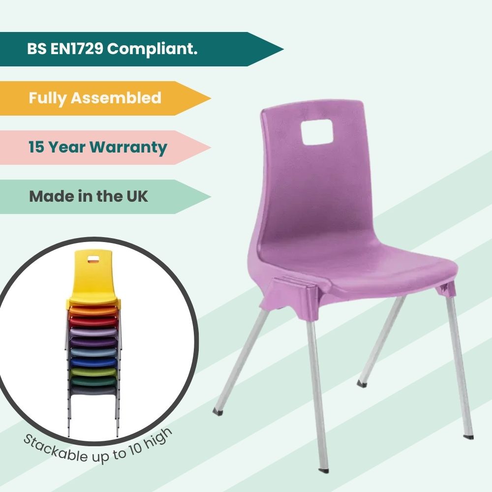 Purple classroom chair with feature tags and inset showing stackable multi-colour variants for institutional use.