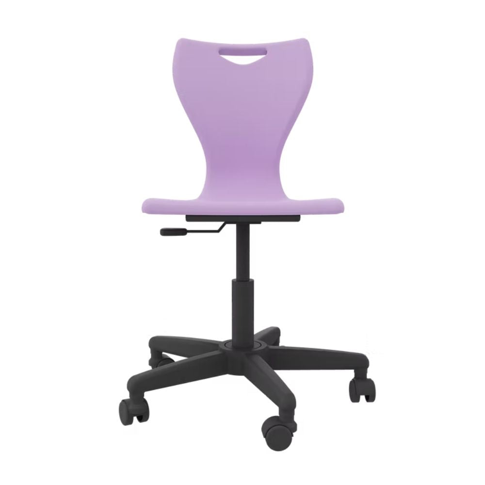A soft lilac student swivel chair featuring a height-adjustable gas lift and a five-star castor base for fluid movement in secondary school ICT suites.