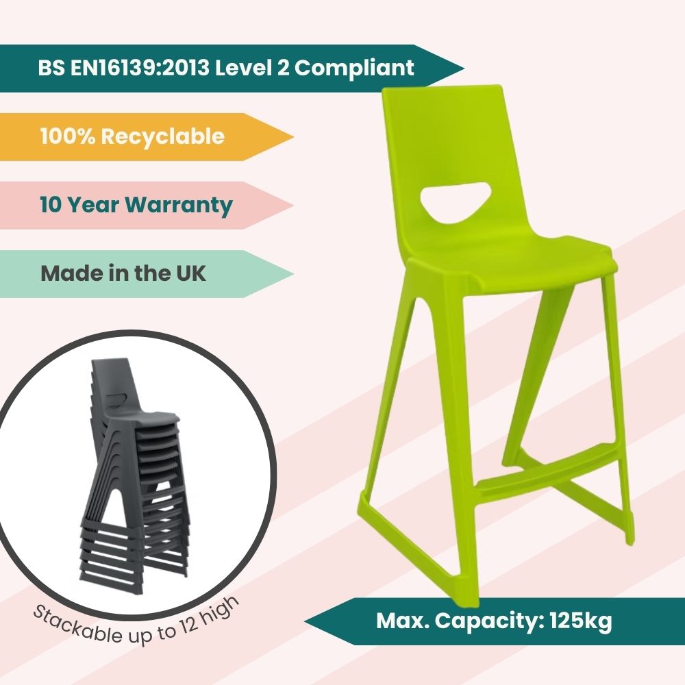An educational graphic for a lime green stool showcasing its high-grade BS EN16139 Level 2 durability certification, 125kg load limit, and vertical space-efficiency stacking up to 12 units.