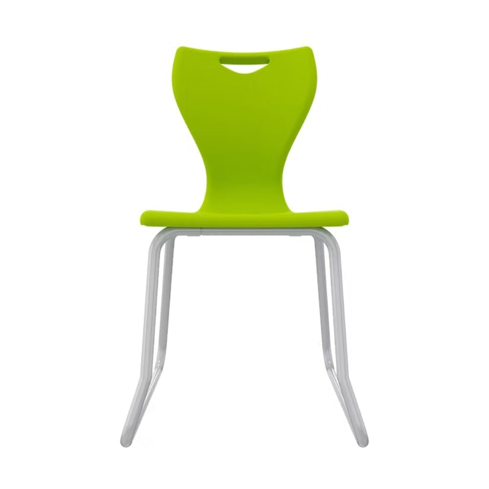 A vibrant lime green student chair for ages 14 plus, featuring an integral lumbar curve and a reinforced sled-track base for maximum stability on school floors.