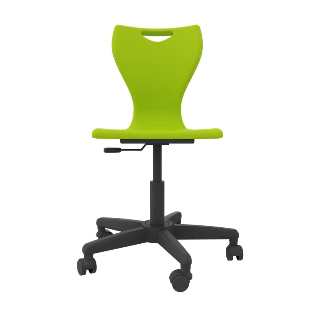 A vibrant lime green student swivel chair featuring a height-adjustable gas lift and a stable five-star base with castors for seamless movement in ICT suites.