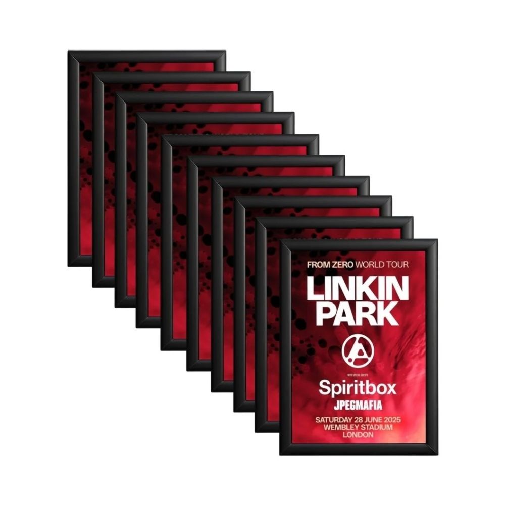 Linkin Park tour posters with abstract red design and full lineup, built for music venue promotions.