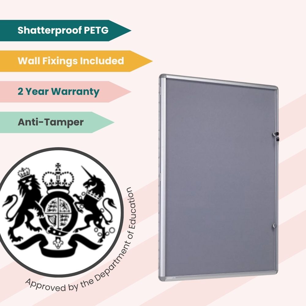 Secure display case with PETG cover and lock, approved for educational and institutional use.