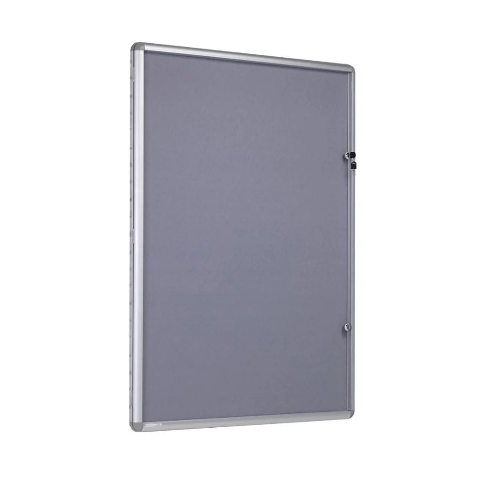 Wall-mounted noticeboard with lockable acrylic cover and metal frame, ideal for secure public displays.